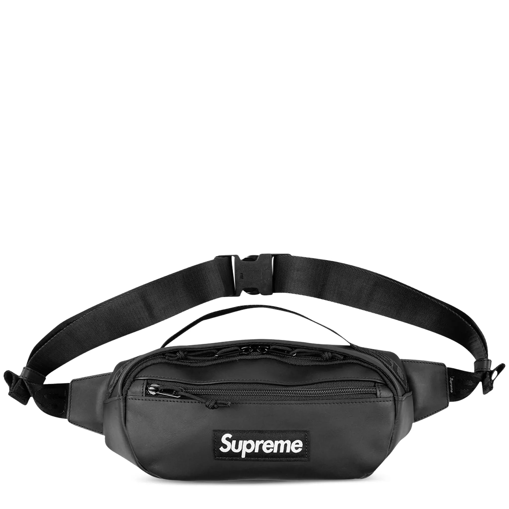 Front View of Supreme Leather Black Waist Bag (FW23)